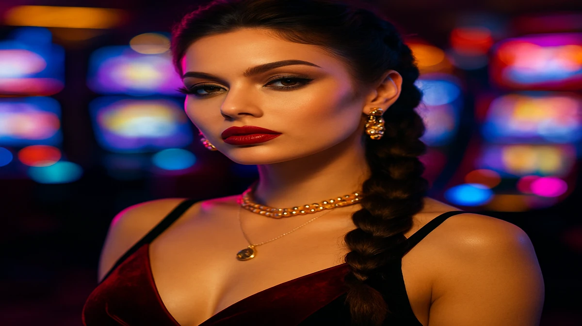 একজন গ্ল্যামারাস নারী জটিল মেকআপ ও গহনা পরিহিত অবস্থায় 7c77 গেমিং প্ল্যাটফর্মে আকর্ষণীয় হাসি ছড়িয়ে দেন, পটভূমিতে আর্কেড গেমের রঙিন আলোগুলো ধূসর-ঝাপসা হয়ে আছে।