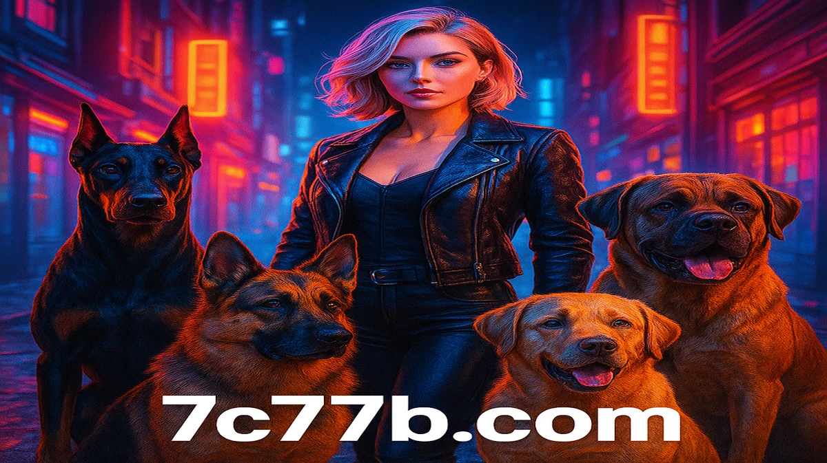7c77-এ দ্য হাউস মেগাওয়ে গেমটির প্রচারণামূলক চিত্র, যেখানে সাদা চুলের একজন নারী রাতের শহরে বহু বড়, কঠোর-চোখা কুকুরদের ঘিরে দাঁড়িয়ে রয়েছেন।