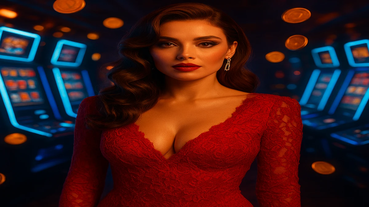 ঢেউখেলানো চুল ও ঝলমলে ইয়াররিংস পরিহিত এক অপূর্ব নারী 7c77 গেমিং প্ল্যাটফর্মের উজ্জ্বল আলোয় দাঁড়িয়ে আছেন, চারদিকে আর্কেড খেলার আলো-ছবি ছড়িয়ে আছে।